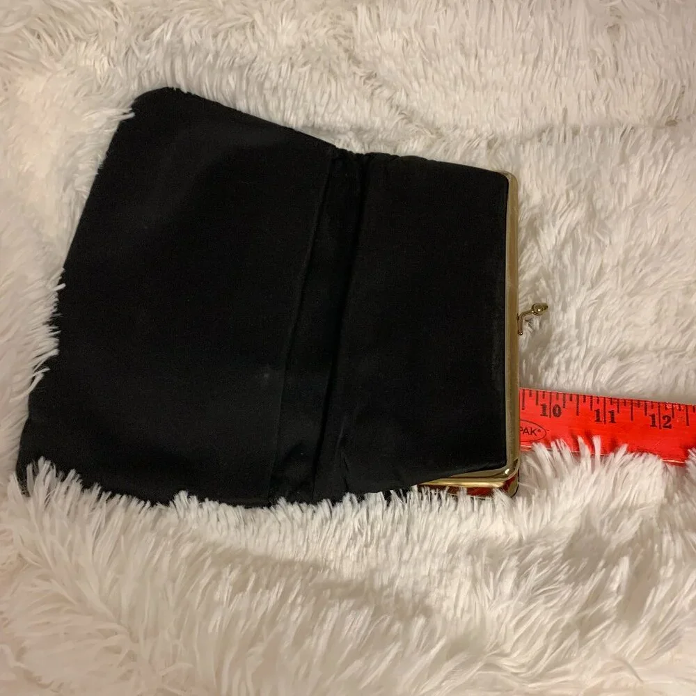 Evening Bag Black Fabric Vintage Floral Painted Trim Formal Party - Picture 8 of 9